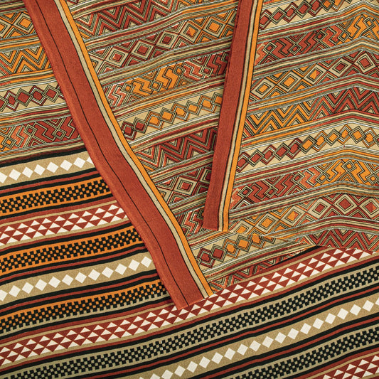 Sanskriti Vintage Saree Brown Pure Crepe Silk Geometric Print Sari 5.5+Yd Fabric