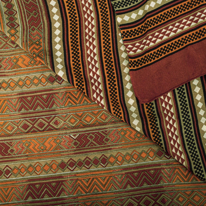 Sanskriti Vintage Saree Brown Pure Crepe Silk Geometric Print Sari 5.5+Yd Fabric