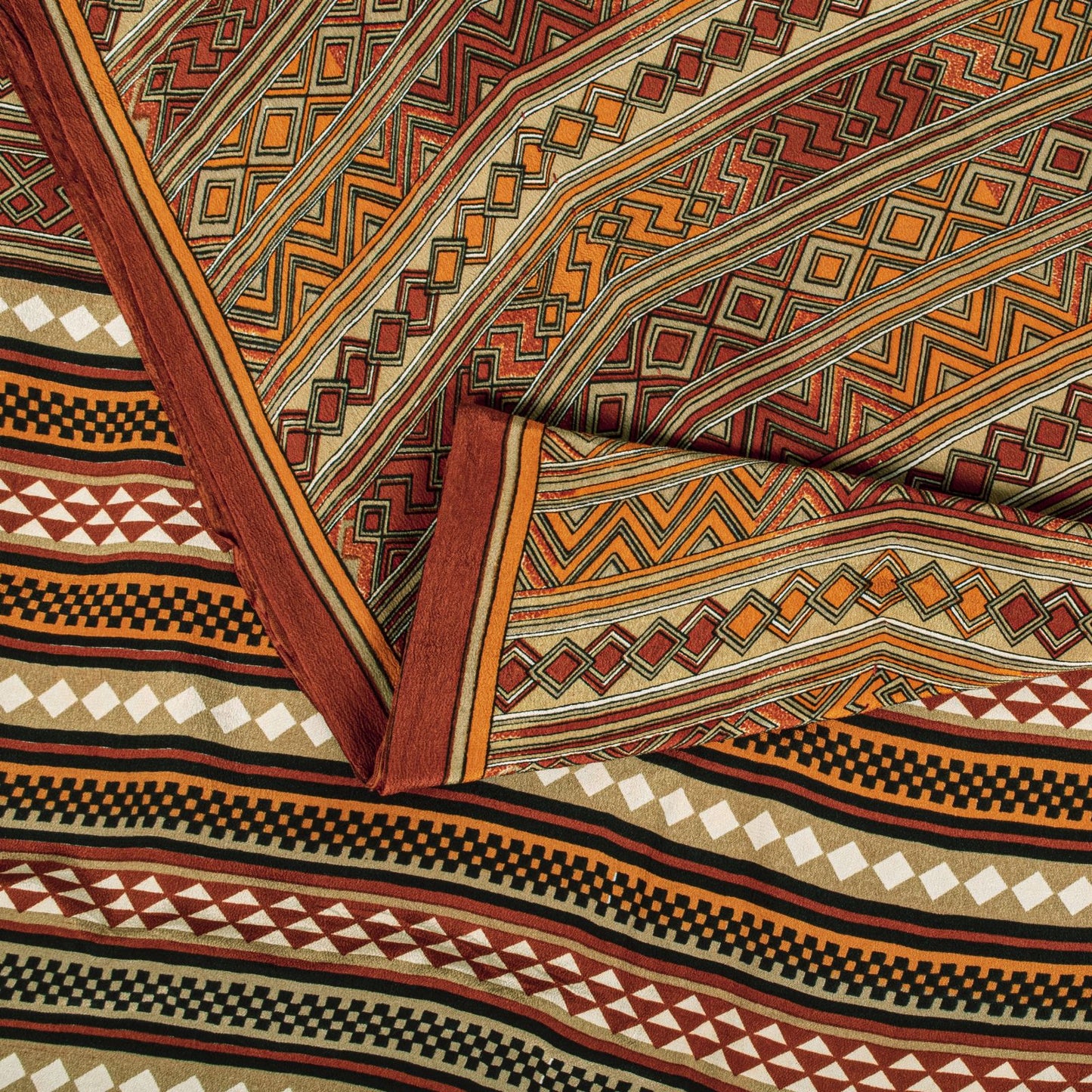 Sanskriti Vintage Saree Brown Pure Crepe Silk Geometric Print Sari 5.5+Yd Fabric