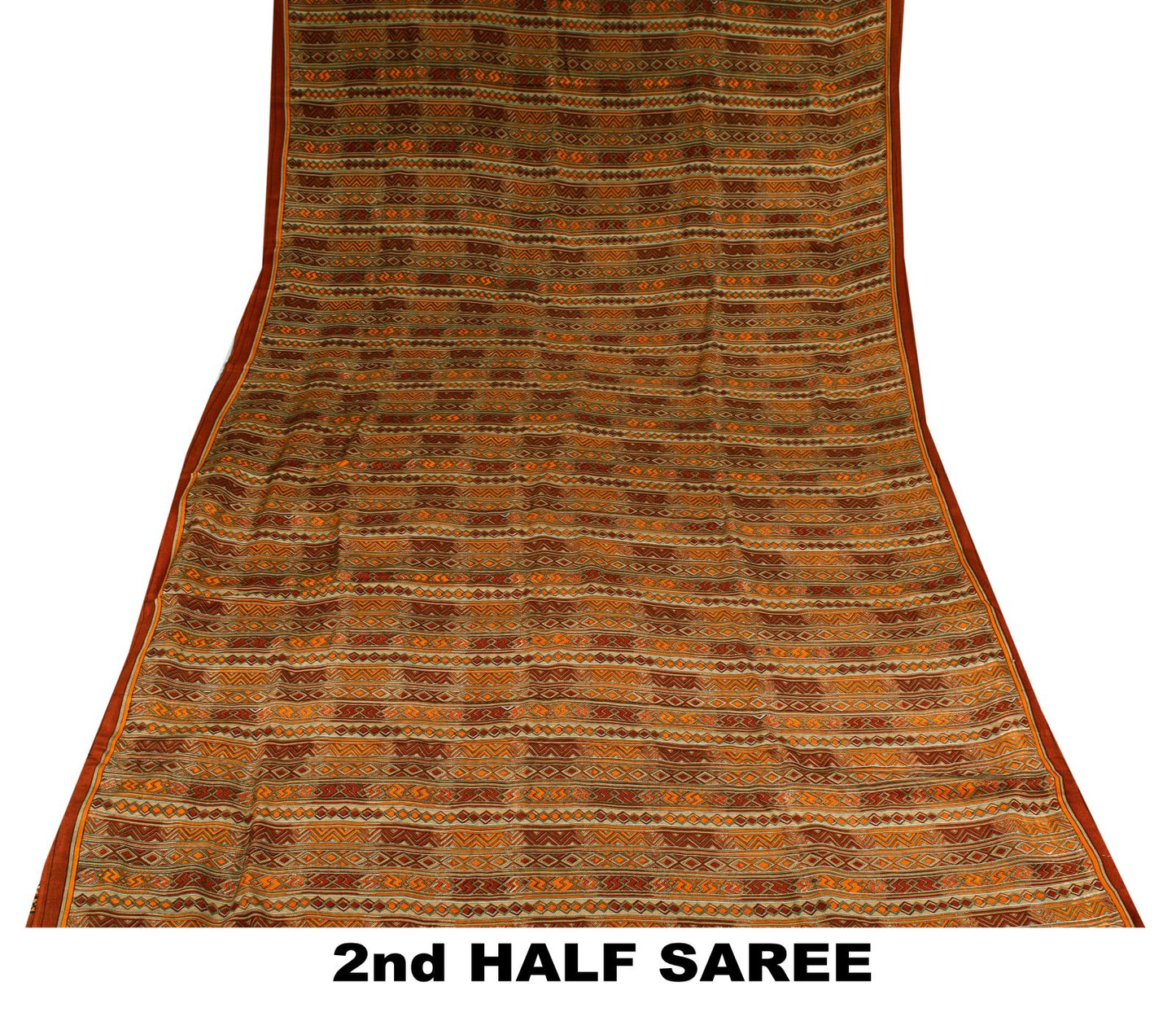 Sanskriti Vintage Saree Brown Pure Crepe Silk Geometric Print Sari 5.5+Yd Fabric
