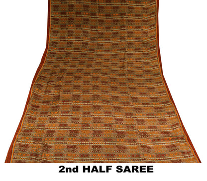 Sanskriti Vintage Saree Brown Pure Crepe Silk Geometric Print Sari 5.5+Yd Fabric