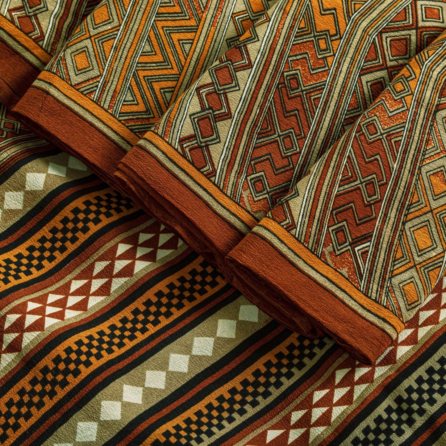 Sanskriti Vintage Saree Brown Pure Crepe Silk Geometric Print Sari 5.5+Yd Fabric