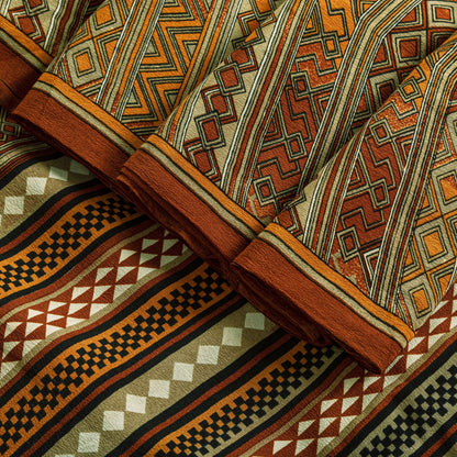 Sanskriti Vintage Saree Brown Pure Crepe Silk Geometric Print Sari 5.5+Yd Fabric