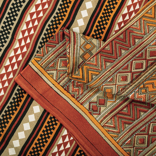 Sanskriti Vintage Saree Brown Pure Crepe Silk Geometric Print Sari 5.5+Yd Fabric