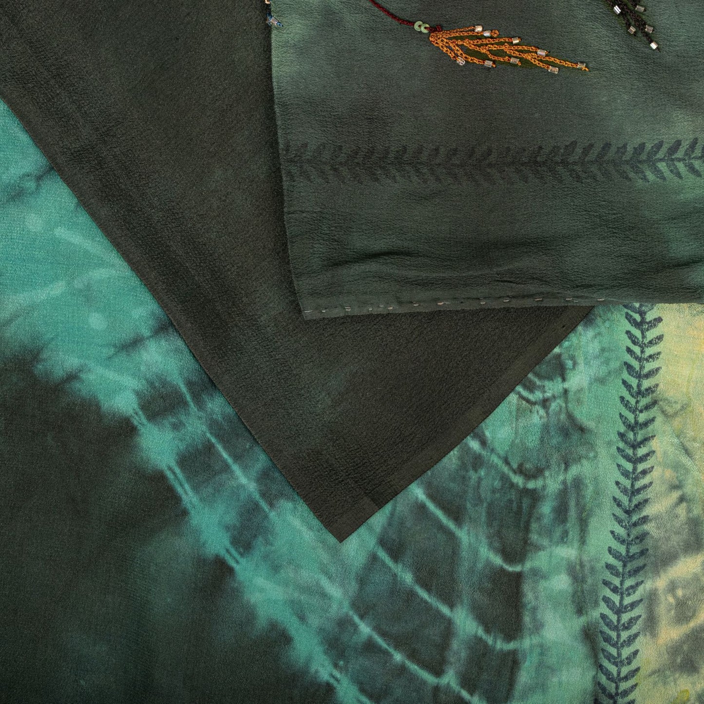 Sanskriti Vintage Saree Black Soft Pure Crepe Silk Tie-Dye-Hand Bead Sari 5.5+YD