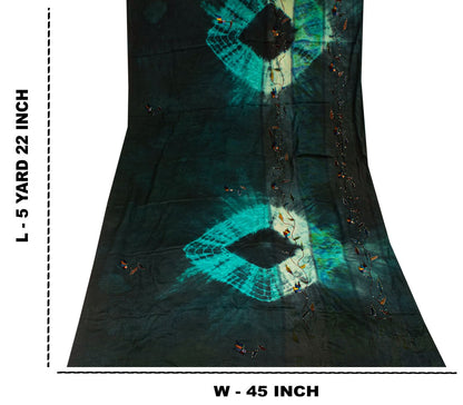 Sanskriti Vintage Saree Black Soft Pure Crepe Silk Tie-Dye-Hand Bead Sari 5.5+YD