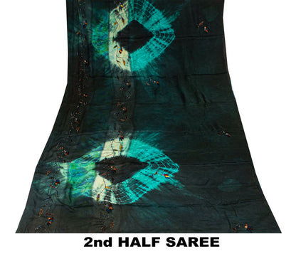 Sanskriti Vintage Saree Black Soft Pure Crepe Silk Tie-Dye-Hand Bead Sari 5.5+YD