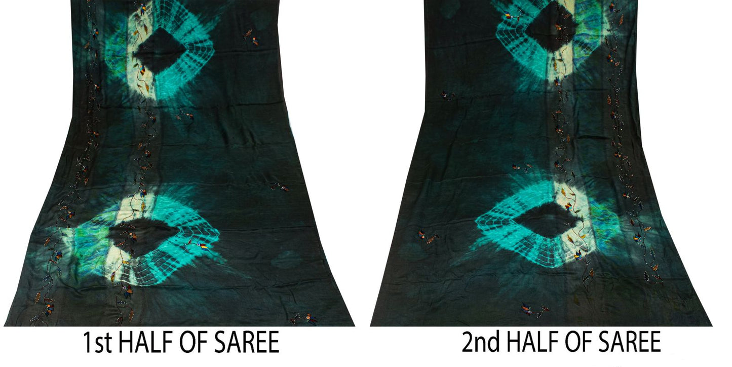Sanskriti Vintage Saree Black Soft Pure Crepe Silk Tie-Dye-Hand Bead Sari 5.5+YD