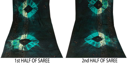 Sanskriti Vintage Saree Black Soft Pure Crepe Silk Tie-Dye-Hand Bead Sari 5.5+YD