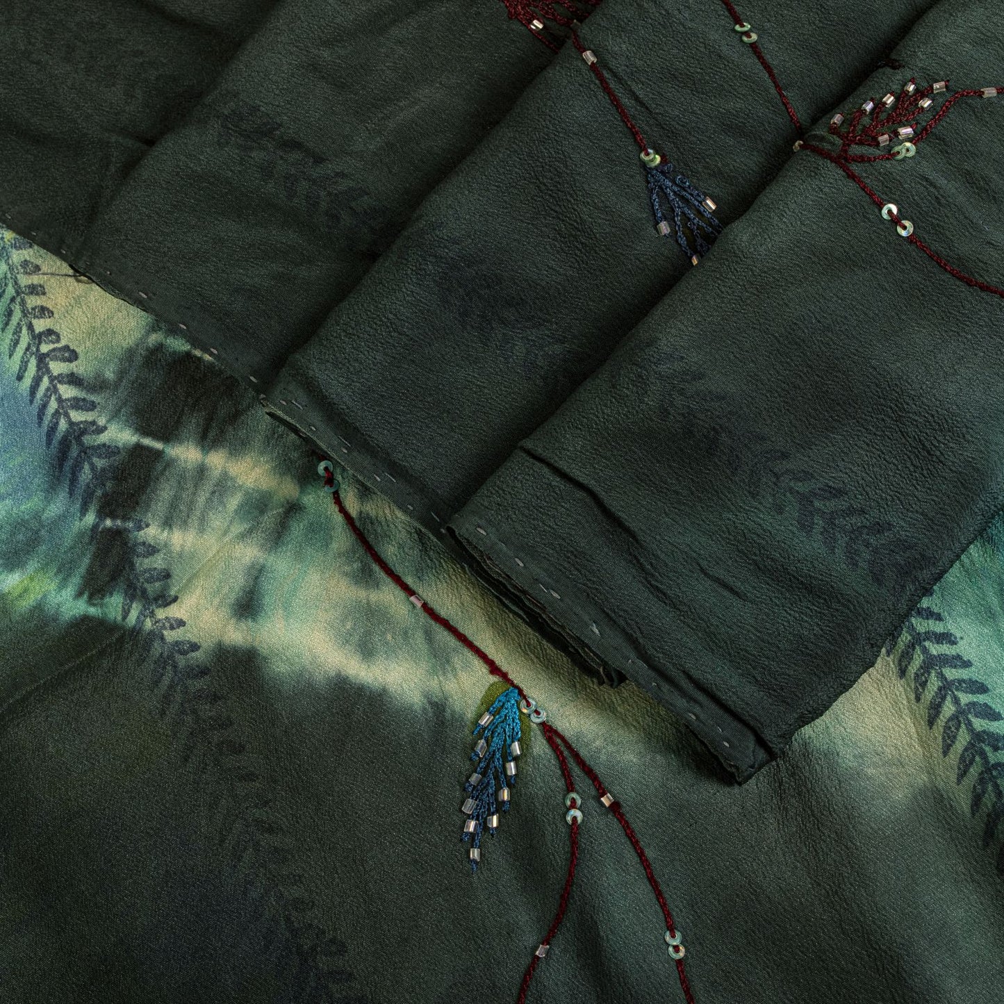 Sanskriti Vintage Saree Black Soft Pure Crepe Silk Tie-Dye-Hand Bead Sari 5.5+YD
