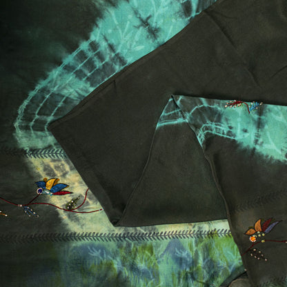 Sanskriti Vintage Saree Black Soft Pure Crepe Silk Tie-Dye-Hand Bead Sari 5.5+YD