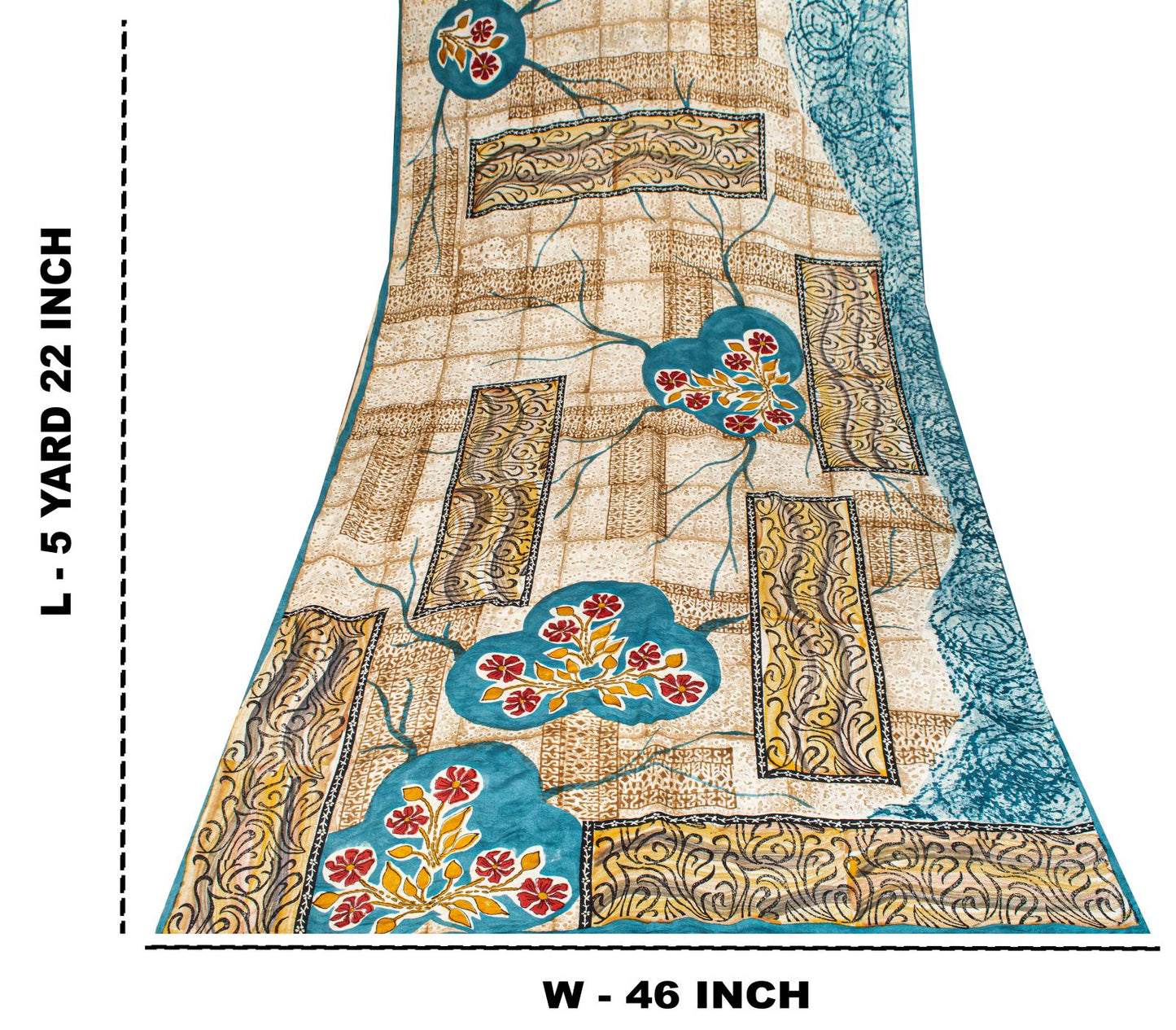 Sanskriti Vintage Saree Off-White 100% Pure Crepe Floral Print Sari 5.5Yd Fabric