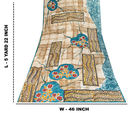 Sanskriti Vintage Saree Off-White 100% Pure Crepe Floral Print Sari 5.5Yd Fabric