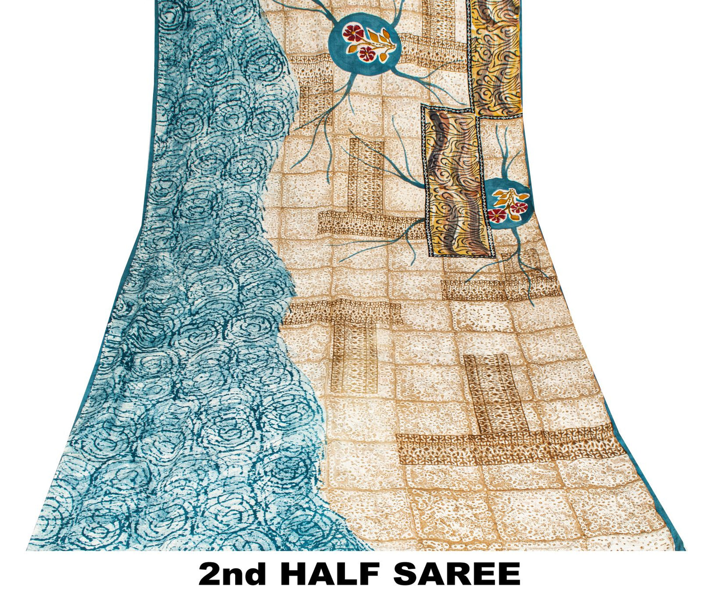 Sanskriti Vintage Saree Off-White 100% Pure Crepe Floral Print Sari 5.5Yd Fabric