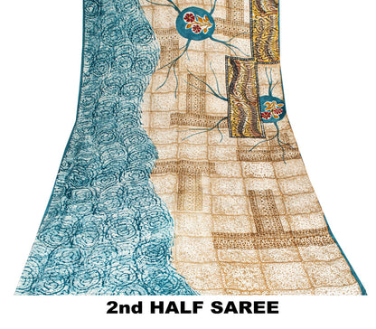 Sanskriti Vintage Saree Off-White 100% Pure Crepe Floral Print Sari 5.5Yd Fabric