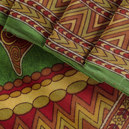Sanskriti Vintage Saree Green 100% Pure Crepe Silk Mandala Art Print Sari 5.5+Yd