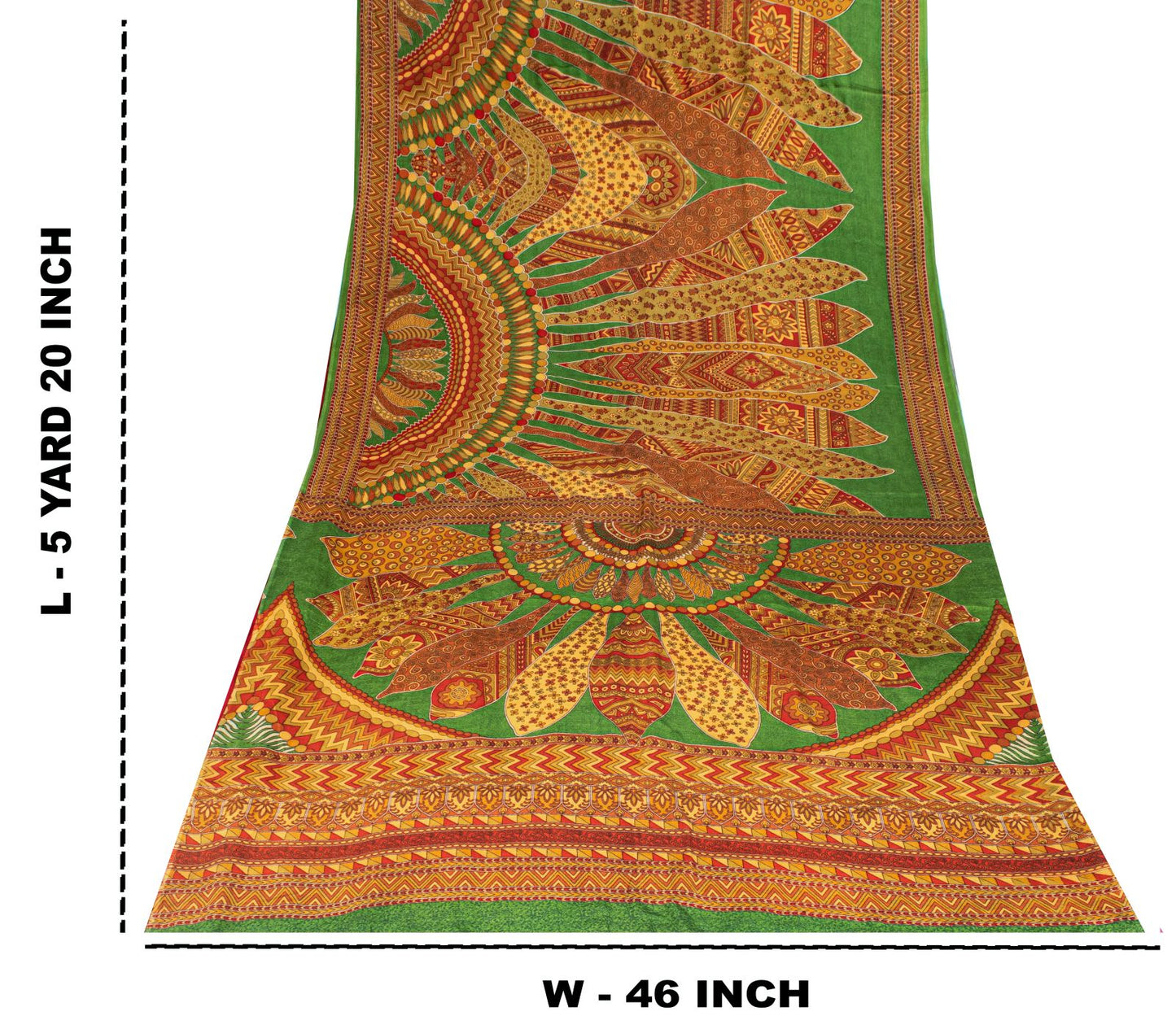 Sanskriti Vintage Saree Green 100% Pure Crepe Silk Mandala Art Print Sari 5.5+Yd