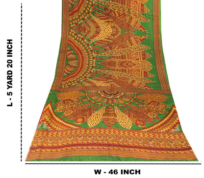 Sanskriti Vintage Saree Green 100% Pure Crepe Silk Mandala Art Print Sari 5.5+Yd