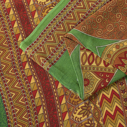 Sanskriti Vintage Saree Green 100% Pure Crepe Silk Mandala Art Print Sari 5.5+Yd