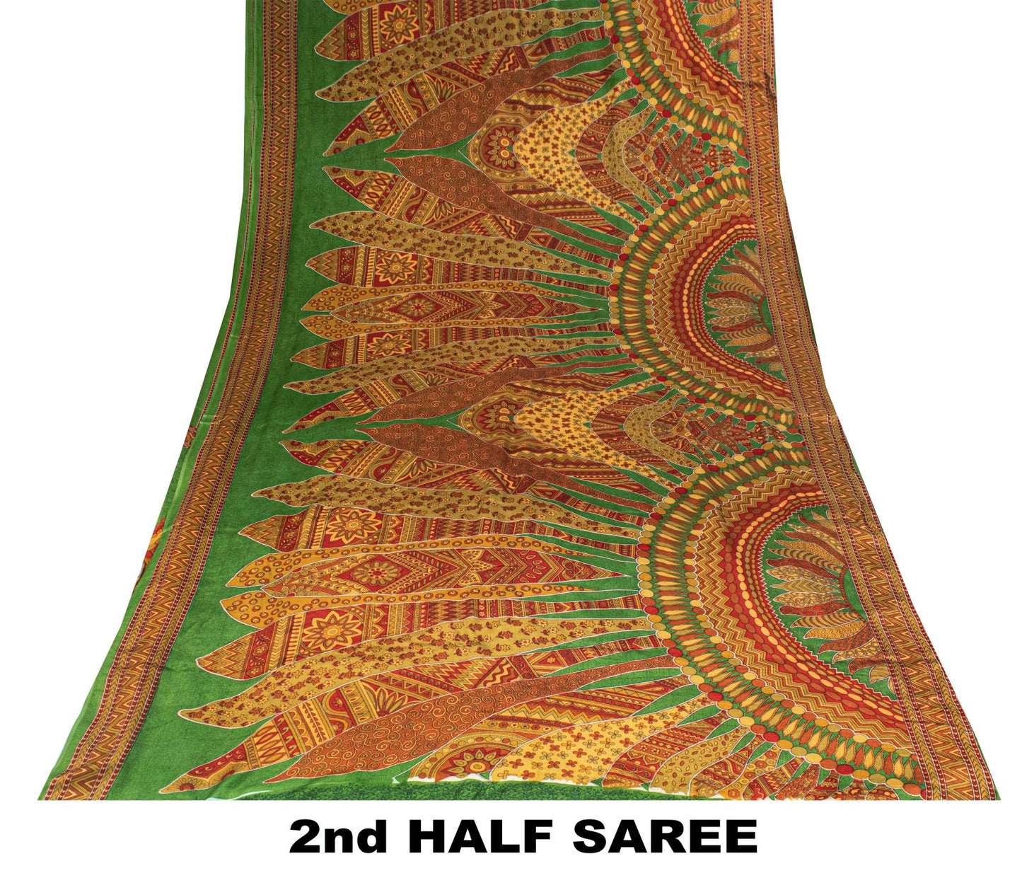 Sanskriti Vintage Saree Green 100% Pure Crepe Silk Mandala Art Print Sari 5.5+Yd