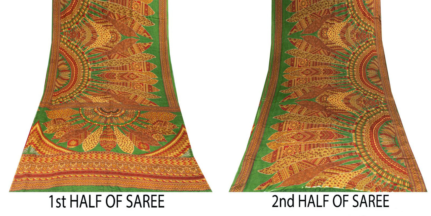 Sanskriti Vintage Saree Green 100% Pure Crepe Silk Mandala Art Print Sari 5.5+Yd