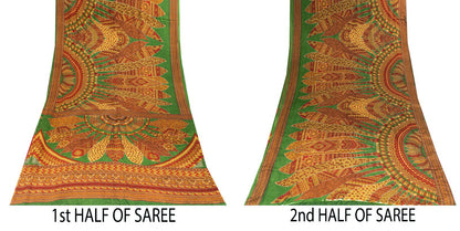 Sanskriti Vintage Saree Green 100% Pure Crepe Silk Mandala Art Print Sari 5.5+Yd