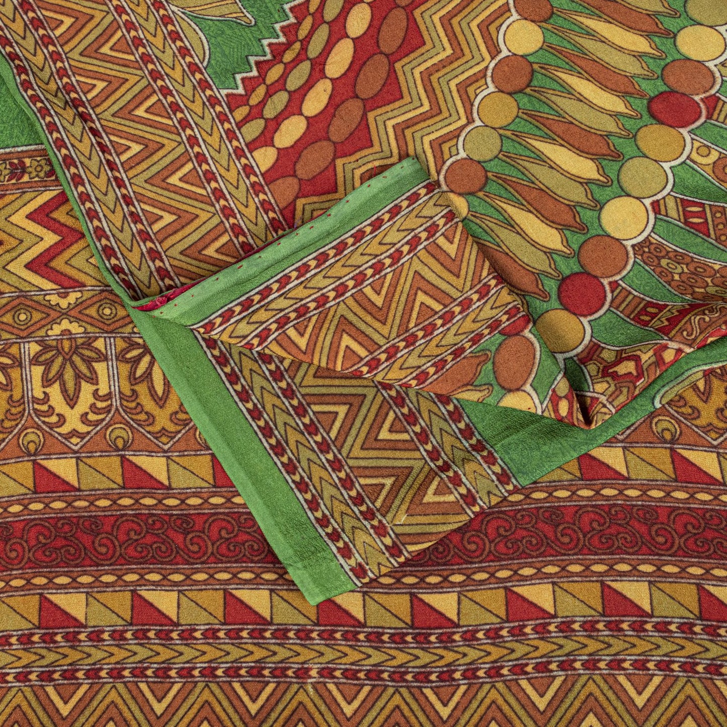 Sanskriti Vintage Saree Green 100% Pure Crepe Silk Mandala Art Print Sari 5.5+Yd
