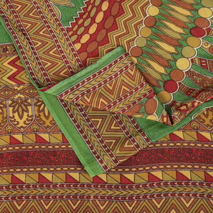 Sanskriti Vintage Saree Green 100% Pure Crepe Silk Mandala Art Print Sari 5.5+Yd