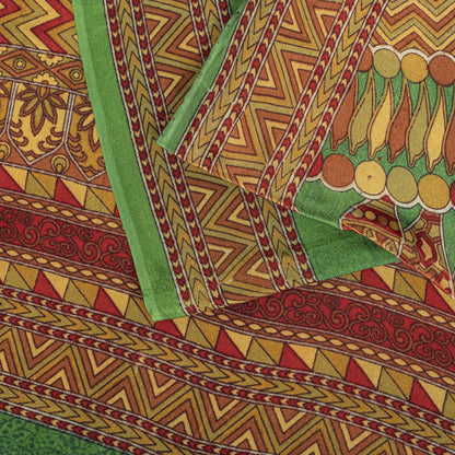 Sanskriti Vintage Saree Green 100% Pure Crepe Silk Mandala Art Print Sari 5.5+Yd