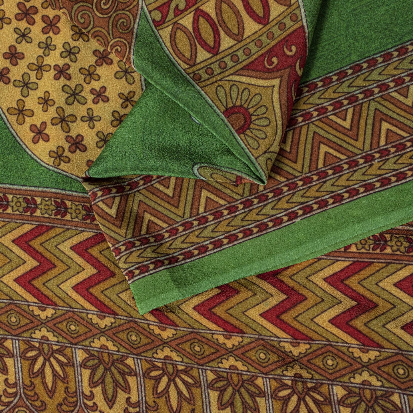 Sanskriti Vintage Saree Green 100% Pure Crepe Silk Mandala Art Print Sari 5.5+Yd