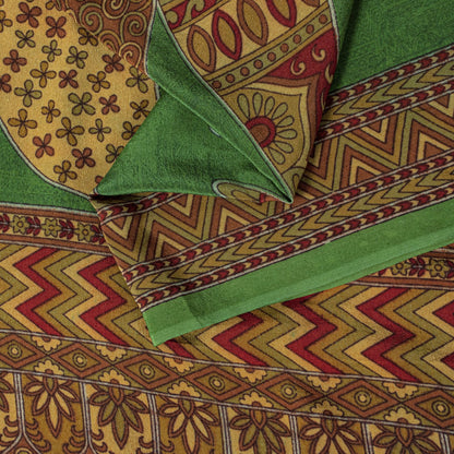 Sanskriti Vintage Saree Green 100% Pure Crepe Silk Mandala Art Print Sari 5.5+Yd