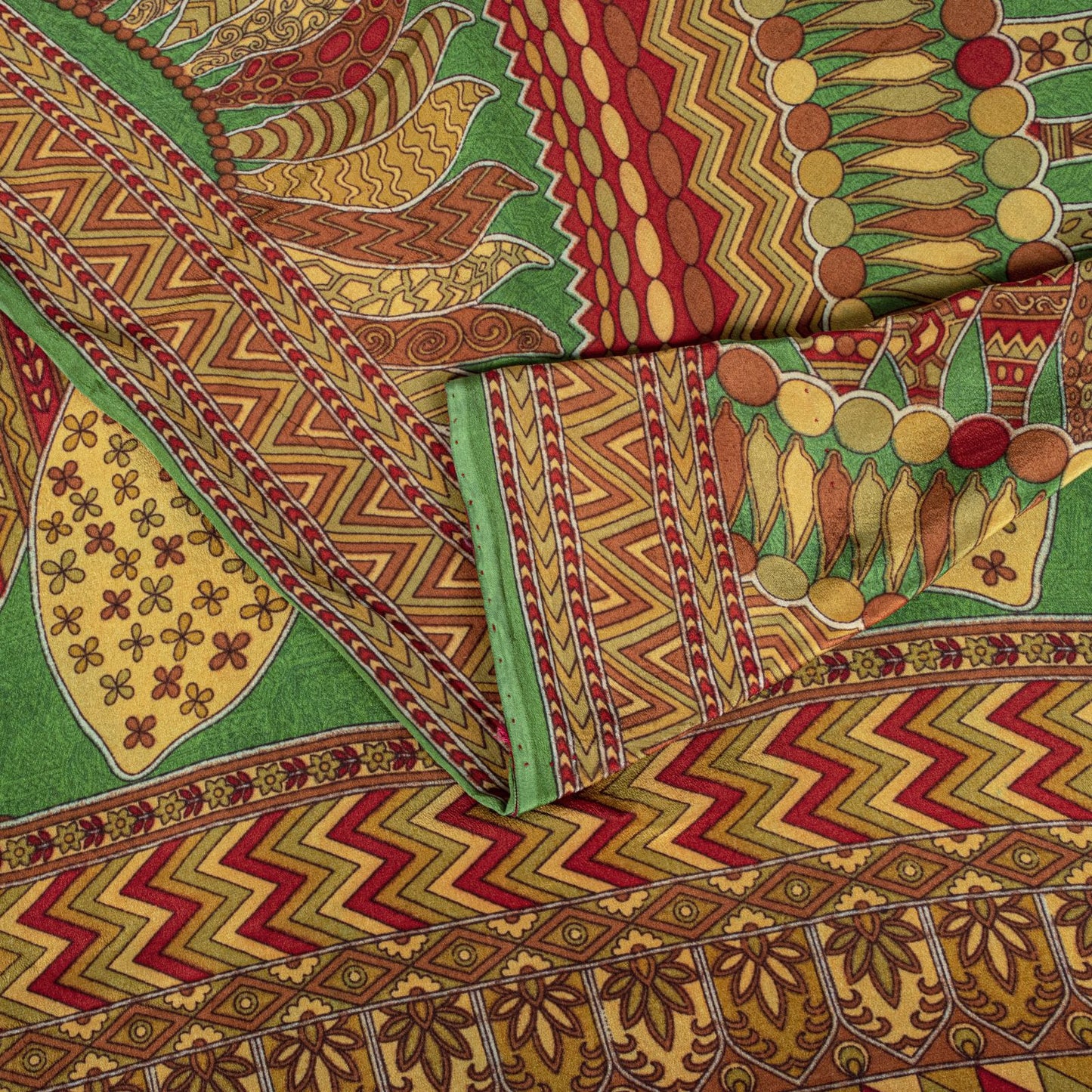 Sanskriti Vintage Saree Green 100% Pure Crepe Silk Mandala Art Print Sari 5.5+Yd