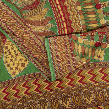 Sanskriti Vintage Saree Green 100% Pure Crepe Silk Mandala Art Print Sari 5.5+Yd