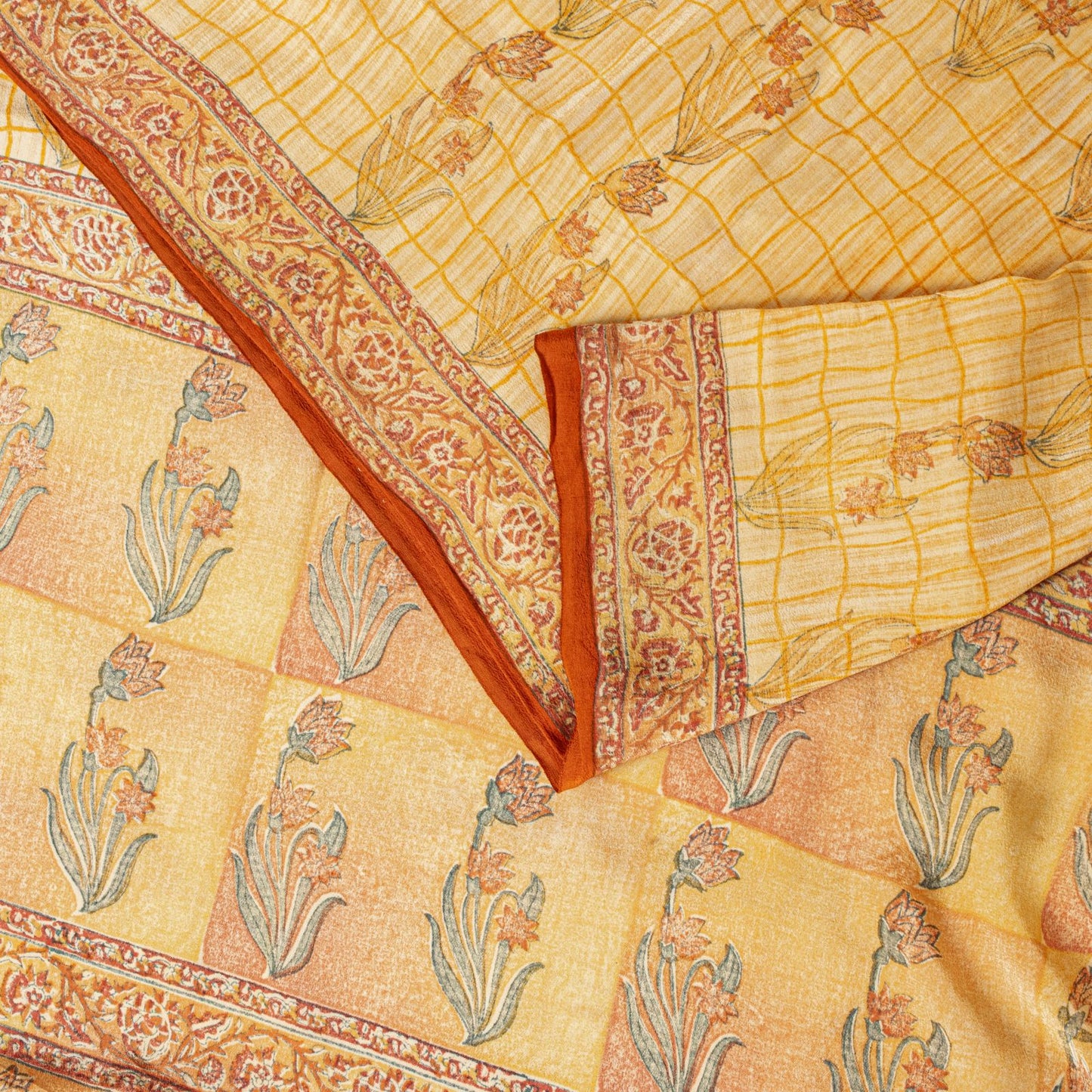 Sanskriti Vintage Saree Peach Pure Crepe Floral Block Print Sari 5.5+Yd Fabric