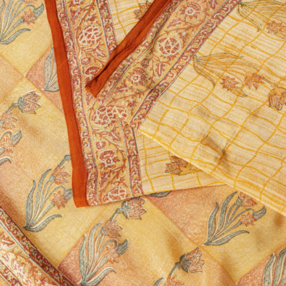 Sanskriti Vintage Saree Peach Pure Crepe Floral Block Print Sari 5.5+Yd Fabric