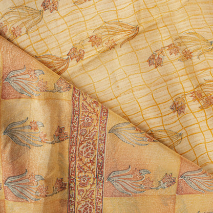 Sanskriti Vintage Saree Peach Pure Crepe Floral Block Print Sari 5.5+Yd Fabric