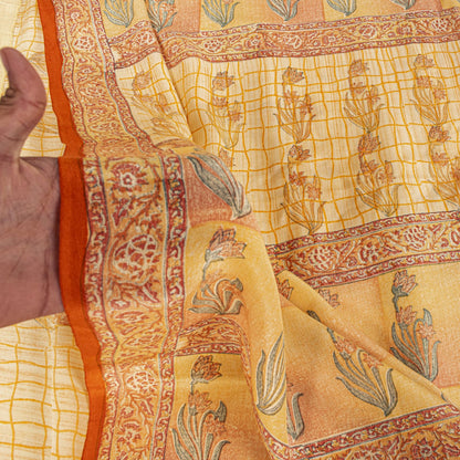 Sanskriti Vintage Saree Peach Pure Crepe Floral Block Print Sari 5.5+Yd Fabric