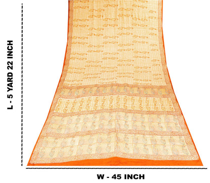 Sanskriti Vintage Saree Peach Pure Crepe Floral Block Print Sari 5.5+Yd Fabric