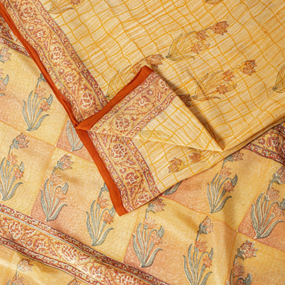 Sanskriti Vintage Saree Peach Pure Crepe Floral Block Print Sari 5.5+Yd Fabric