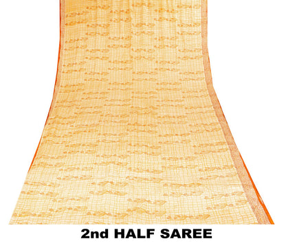 Sanskriti Vintage Saree Peach Pure Crepe Floral Block Print Sari 5.5+Yd Fabric