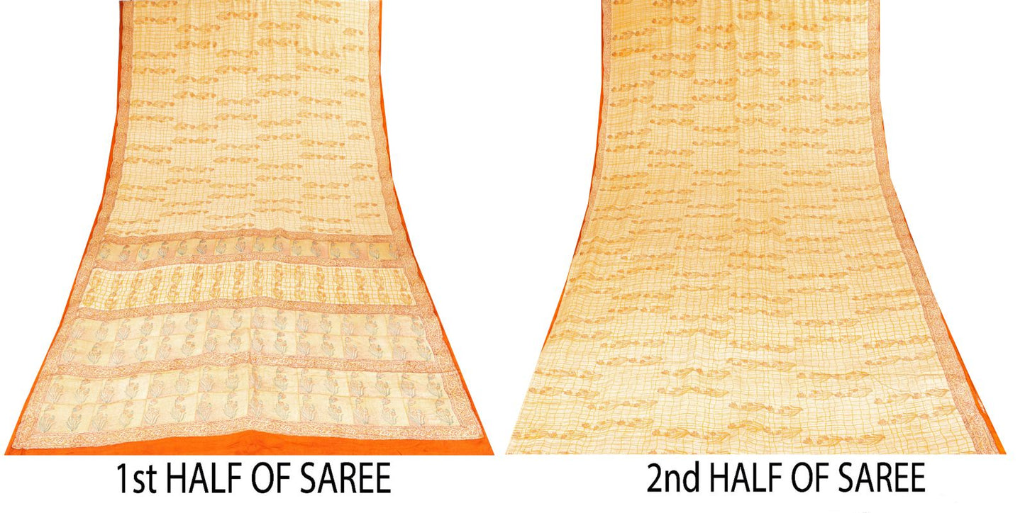 Sanskriti Vintage Saree Peach Pure Crepe Floral Block Print Sari 5.5+Yd Fabric