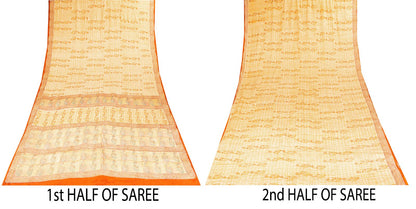 Sanskriti Vintage Saree Peach Pure Crepe Floral Block Print Sari 5.5+Yd Fabric