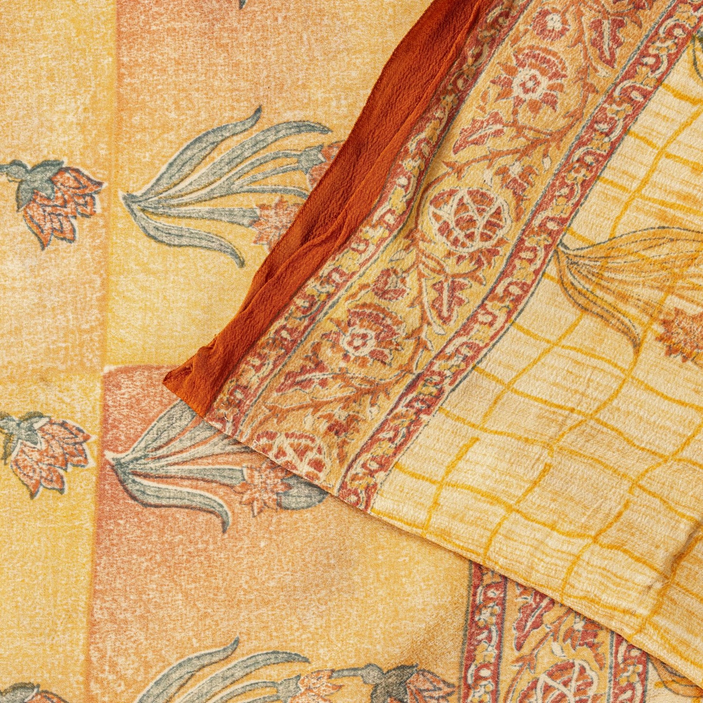 Sanskriti Vintage Saree Peach Pure Crepe Floral Block Print Sari 5.5+Yd Fabric