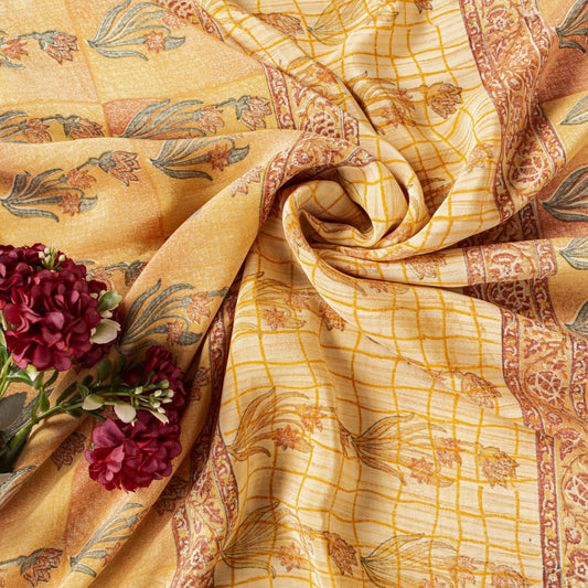 Sanskriti Vintage Saree Peach Pure Crepe Floral Block Print Sari 5.5+Yd Fabric
