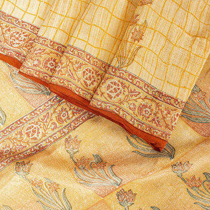 Sanskriti Vintage Saree Peach Pure Crepe Floral Block Print Sari 5.5+Yd Fabric