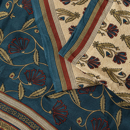 Sanskriti Vintage Cream Pure Crepe Silk Sari Floral Creeper Print Saree 5.5 Yard