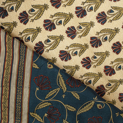 Sanskriti Vintage Cream Pure Crepe Silk Sari Floral Creeper Print Saree 5.5 Yard