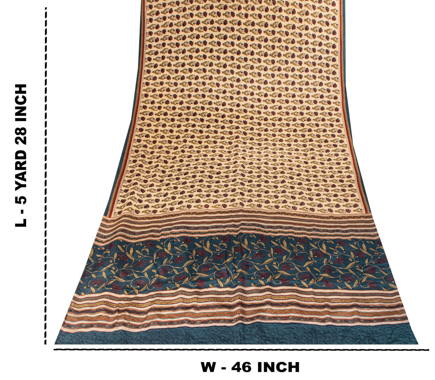 Sanskriti Vintage Cream Pure Crepe Silk Sari Floral Creeper Print Saree 5.5 Yard
