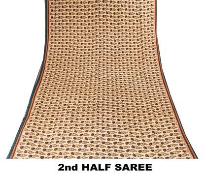 Sanskriti Vintage Cream Pure Crepe Silk Sari Floral Creeper Print Saree 5.5 Yard