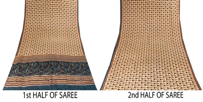 Sanskriti Vintage Cream Pure Crepe Silk Sari Floral Creeper Print Saree 5.5 Yard